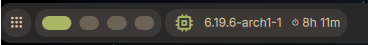 Plugin sysinfo rodando no painel com kernel 6.19.6-arch1-1 e 7h 54m de uptime